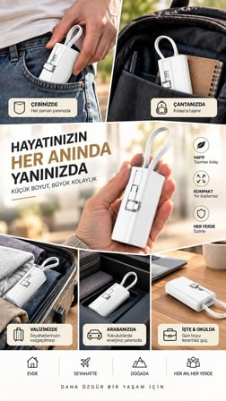 5000 mAh 20W PD Hızlı Şarj Powerbank Dahili Type-C ve Lightning Kablolu Mini Taşınabilir Şarj Cihazı
