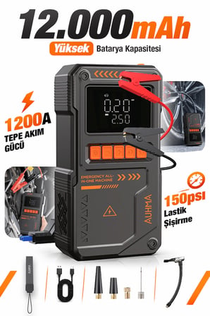 Auhma A9966 12000 mAh Akü Takviye Cihazı ve 150 PSI Dijital Hava Kompresörü, 1000A Jump Starter, Lastik Şişirme Pompası