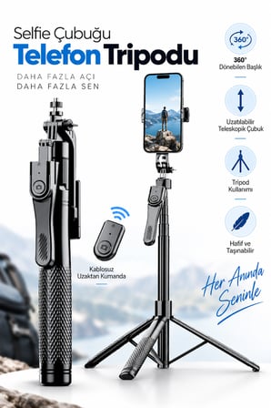 Blic K29 215 cm Ultra Uzun Bluetooth Kumandalı Selfie Çubuğu Tripod – Çift Telefon Tutuculu, Selfie Işıklı, 1/4" Kamera Bağlantılı