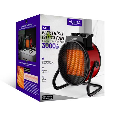 Auhma AT1H Elektrikli Isıtıcı Fan Kırmızı | 3000W Hızlı Isınma, 3 Kademeli Ayar, Sessiz PTC Isıtma Teknolojisi