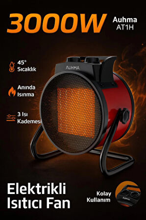 Auhma AT1H Elektrikli Isıtıcı Fan Kırmızı | 3000W Hızlı Isınma, 3 Kademeli Ayar, Sessiz PTC Isıtma Teknolojisi