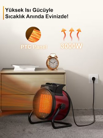 Auhma AT1H Elektrikli Isıtıcı Fan Kırmızı | 3000W Hızlı Isınma, 3 Kademeli Ayar, Sessiz PTC Isıtma Teknolojisi