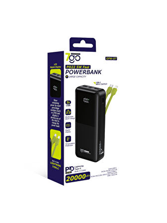 7GO GPW-07 20000mAh PD22.5W Hızlı Şarj Powerbank Beyaz | Dahili Type-C & Lightning Kablo | Dijital Ekranlı Taşınabilir Şarj Cihazı