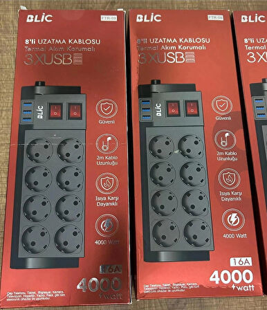 ROSE TEKNOLOJİ FTR-08 TERMAL AKIM KORUMALI 8 PRİZ 3 USB GİRİŞLİ ÇOCUK KORUMALI 2 METRE UZATMA KABLOLU PRİZ