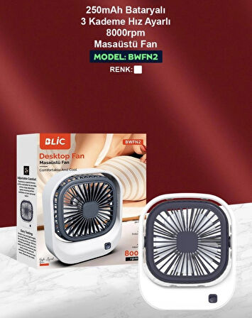 ROSE TEKNOLOJİ 250mah BATARYALI 3 KADEME HIZ AYARLI  8000rpm TAŞINABİLİR MASAÜSTÜ FAN