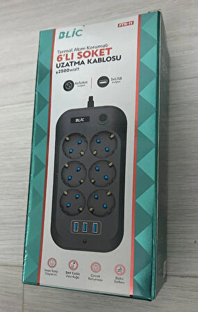ROSE TEKNOLOJİ FTR-11 TERMAL AKIM KORUMALI ÇOCUK KORUMALI 6 PRİZ 3 USB GİRİŞLİ 2 METRE UZATMA KABLOLU PRİZ