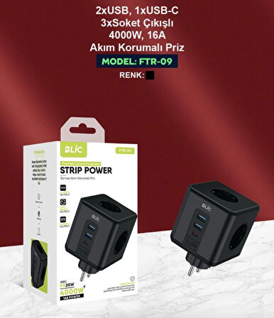 ROSE TEKNOLOJİ 2 USB 1 TYPE-C 3 PRİZ ÇIKIŞLI ÇOCUK KORUMA 4000w 16A PD 20W TERMAL AKIM KORUMALI DUVAR TİPİ KÜP PRİZ