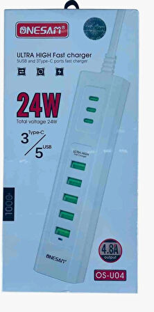 ROSE TEKNOLOJİ 24W-4.85A 5 USB/3 TYPE-C GİRİŞLİ HIZLI ŞARJ DESTEKLİ 1M UZATMA KABLOLU ŞARJ İSTASYONU