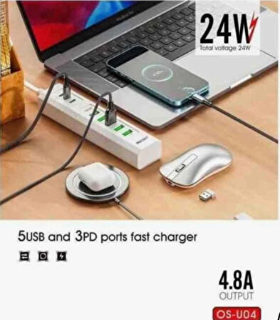 ROSE TEKNOLOJİ 24W-4.85A 5 USB/3 TYPE-C GİRİŞLİ HIZLI ŞARJ DESTEKLİ 1M UZATMA KABLOLU ŞARJ İSTASYONU