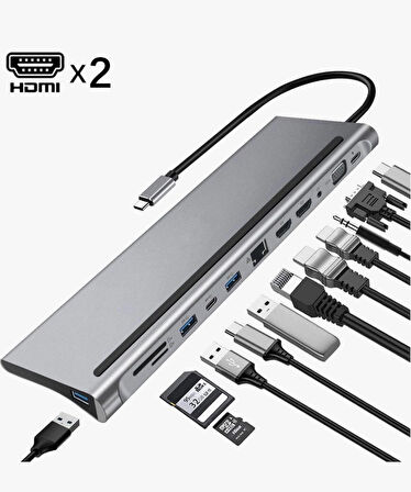 ROSE TEKNOLOJİ TYPE-C KABLOLU 12 ın 1 HIZLI ŞARJLI AUX VGA HDMI PORTLU 100MBPS ETHERNET PORTLU USB ÇOKLAYICI