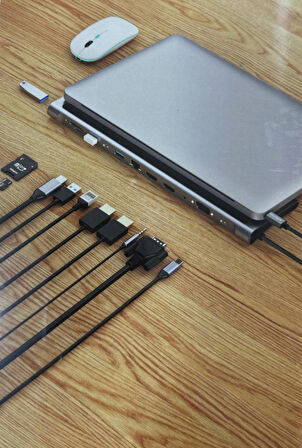 ROSE TEKNOLOJİ TYPE-C KABLOLU 12 ın 1 HIZLI ŞARJLI AUX VGA HDMI PORTLU 100MBPS ETHERNET PORTLU USB ÇOKLAYICI