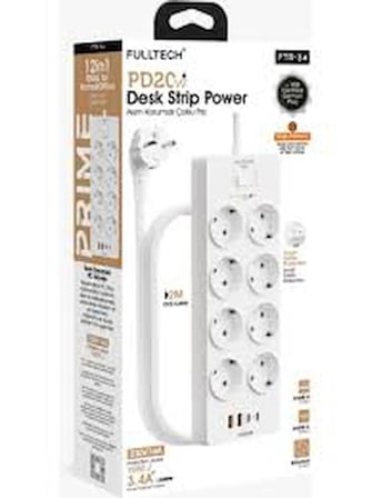 Aura Akse Akım Korumalı Çoklu Priz – 8’li AC Priz, 2x USB-A ve 2x USB-C Hızlı Şarj Portlu, 2 Metre Kablolu Masaüstü Güç İstasyonu