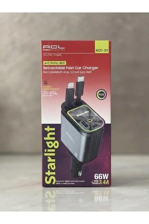 Aura Akse Starlight 66W 3.4A RGB Işıklı ve Dijital Göstergeli, 4'ü 1 Arada Geri Çekilebilir Kablolu Hızlı Araç İçi Şarj Cihazı (Type-C & Lightning)