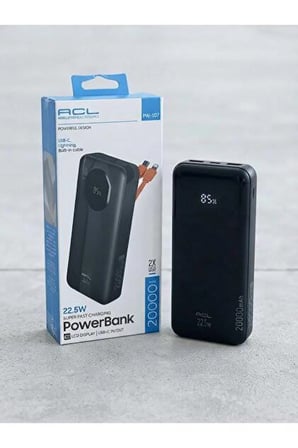 Aura Akse 20000 mAh 22.5W Süper Hızlı Şarj, Dahili Kablolu (Type-C / Lightning), LCD Ekranlı Powerbank / Taşınabilir Şarj Cihazı
