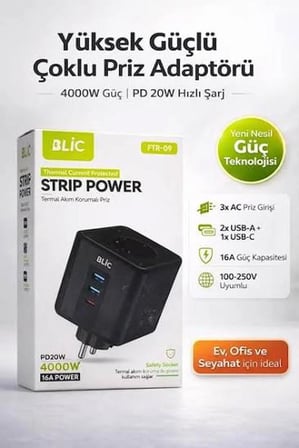 Aura Akse Termal Akım Korumalı 3'lü Priz Küp 4000W 16A, 1x USB-C (PD 20W) ve 2x USB-A Çıkışlı Siyah Çoklayıcı