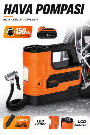 AUHMA A7788 150 PSI Dijital Araç Lastik Şişirme Hava Kompresörü Turuncu – 12V Çakmaklık Girişli, Otomatik Durdurma, LED Aydınlatmalı, 3 Metre Kablolu