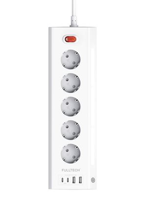 Fulltech FTR-26 Akım Korumalı Priz Beyaz 9’lu (5 Priz + 2 USB-A + 2 USB-C) 3680W 16A, 2 Metre Kablolu, Gece Lambalı Çoklu Priz
