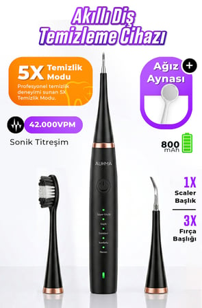 AUHMA AMF14 Ultrasonik Diş Temizleme Cihazı Siyah | 42.000 Titreşim/Dk | 5 Mod | IPX8 Su Geçirmez | Type-C Şarj | Diş Taşı Temizleyici & Plak Temizleme Seti