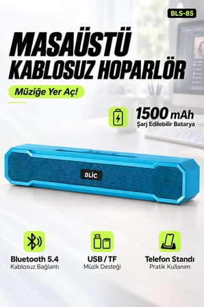 Blic BLS-85 Bluetooth 5.4 Masaüstü Soundbar Hoparlör Mavi, Telefon Standlı, 1500 mAh Şarjlı, USB ve TF Kart Destekli