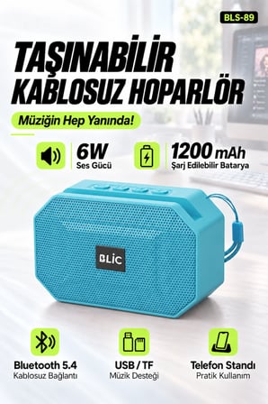 Blic BLS-89 Bluetooth 5.4 Taşınabilir Hoparlör Mavi 6W RMS, Telefon Standlı, USB ve TF Kart Destekli