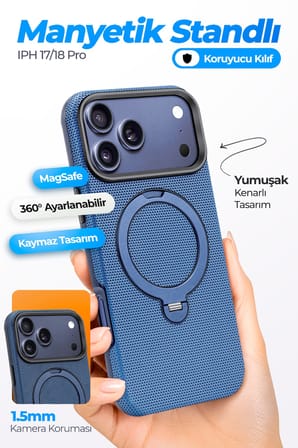Fulltech FTPC10 iPhone 17 Pro Uyumlu Mavi MagSafe Kılıf 360° Döner Metal Halkalı Standlı Manyetik Kamera Korumalı Premium Telefon Kılıfı