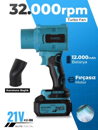 AUHMA AHV-18 Şarjlı Turbo Fan Hava Üfleyici Mavi - 21V Kömürsüz Motor (Brushless) - 32.000 RPM Oto Kurutma, PC Temizleme ve Bahçe Üfleme Makinesi
