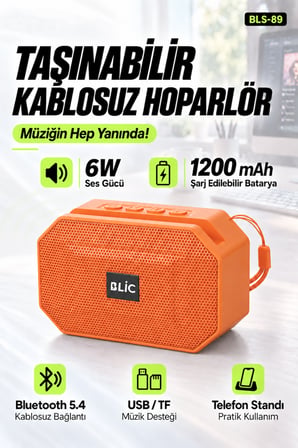 Blic BLS-89 Bluetooth 5.4 Taşınabilir Hoparlör Turuncu 6W RMS, Telefon Standlı, USB ve TF Kart Destekli