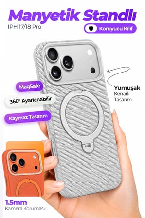 Fulltech FTPC10 iPhone 17 Pro Uyumlu Gri MagSafe Kılıf 360° Döner Metal Halkalı Standlı Manyetik Kamera Korumalı Premium Telefon Kılıfı