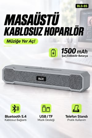 Blic BLS-85 Bluetooth 5.4 Masaüstü Soundbar Hoparlör Gri, Telefon Standlı, 1500 mAh Şarjlı, USB ve TF Kart Destekli