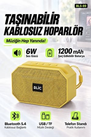 Blic BLS-89 Bluetooth 5.4 Taşınabilir Hoparlör Sarı 6W RMS, Telefon Standlı, USB ve TF Kart Destekli