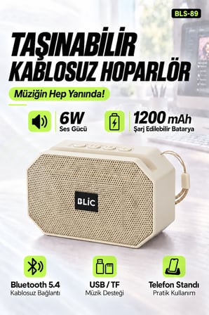 Blic BLS-89 Bluetooth 5.4 Taşınabilir Hoparlör Beyaz 6W RMS, Telefon Standlı, USB ve TF Kart Destekli