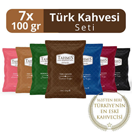 7'li Türk Kahvesi Seti 100 G (Damla Sakızlı-Çilekli-Menengiç-Osmanlı-Dibek-Kakule-Türk)
