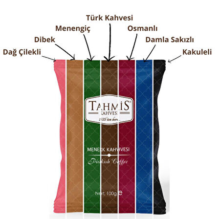 7'li Türk Kahvesi Seti 100 G (Damla Sakızlı-Çilekli-Menengiç-Osmanlı-Dibek-Kakule-Türk)