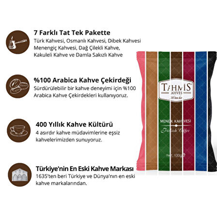 7'li Türk Kahvesi Seti 100 G (Damla Sakızlı-Çilekli-Menengiç-Osmanlı-Dibek-Kakule-Türk)