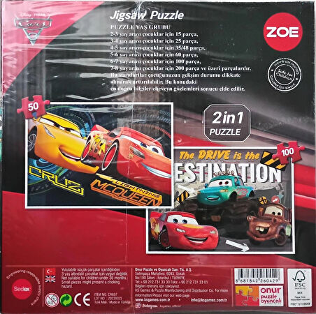 Cars Arabalar Puzzle 2 in 1 (100 parçalık ve 50 parçalık 2 adet puzzle bir arada)