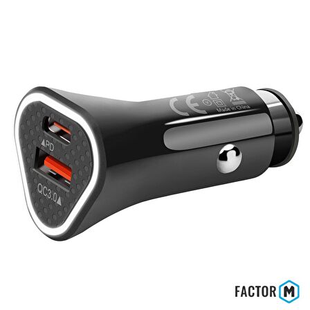 Factor M PD 36W + UsbA Çift Çıkışlı Araç Şarj Aleti Başlığı (FMPD01) 