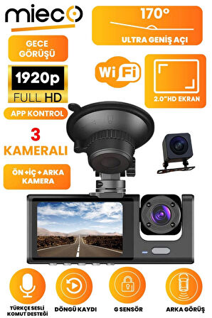 1S Wifi/1920P FHD/170° Ultra Geniş Açı/Gece görüşü ve G-Sensörü/ 3 Kameralı Araç Kamerası (2025)