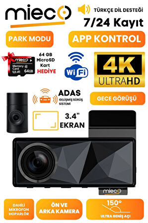 Mieco A11 Wifi/ 4K UHD/ 150° Ultra Geniş Açı/ GPS/ ADAS/ Ön+Arka Araç Kamerası (2025)+Hafıza Kartı Hediye