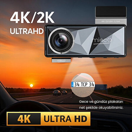 Mieco A11 Wifi/ 4K UHD/ 150° Ultra Geniş Açı/ GPS/ ADAS/ Ön+Arka Araç Kamerası (2025)+Hafıza Kartı Hediye