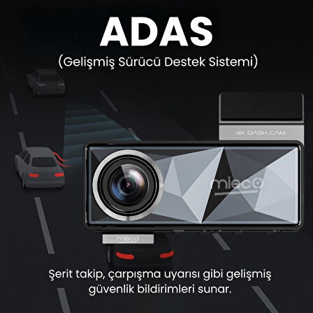 Mieco A11 Wifi/ 4K UHD/ 150° Ultra Geniş Açı/ GPS/ ADAS/ Ön+Arka Araç Kamerası (2025)+Hafıza Kartı Hediye