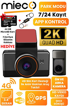Mieco G4 2K QHD / GPS / 4G / Wifi / 140° Geniş Açı / Gece Görüşü / Ön + Arka Kamera / Sim Kartlı Araç Kamerası (2025) + Hafıza Kartı ve Park Kiti Hediyeli