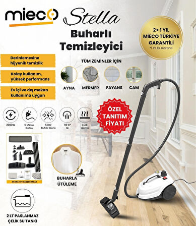 Mieco Stella 5 Bar/ 2000W / Çok Fonksiyonlu Buharlı Temizleyici + Ütü Başlığı ve Eldiven Hediyeli - Beyaz