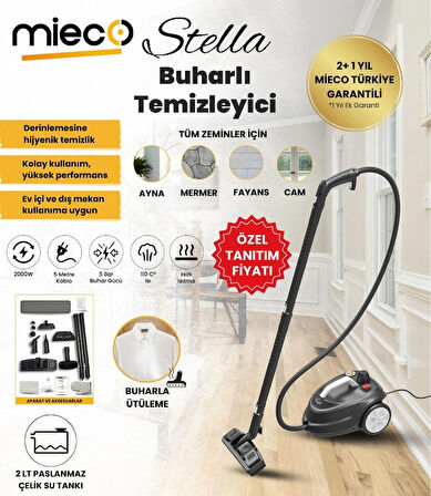 Mieco Stella 5 Bar/ 2000W / Çok Fonksiyonlu Buharlı Temizleyici + Ütü Başlığı ve Eldiven Hediyeli - Siyah