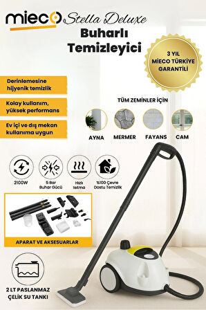 Mieco Stella Deluxe  5 Bar/ 2100W / Çok Fonksiyonlu 25 Parça Buharlı Temizleme Makinası - Beyaz