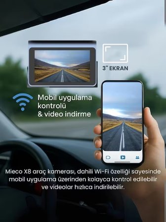 Mieco X8 Wifi /4K Uhd/ 170° Ultra Geniş Açı/ Kör Nokta / Adas/ Ön + Arka Araç Kamerası 