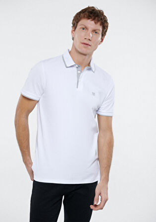 Mavi Gri Şerit Detaylı Beyaz Polo  Tişört 062373-27879