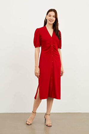 Kadın Midi Boy V Yakalı Önden Düğmeli Karpuz Kollu Örme Elbise