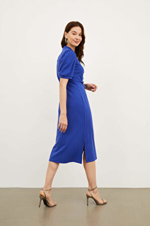 Kadın Midi Boy V Yakalı Önden Düğmeli Karpuz Kollu Örme Elbise