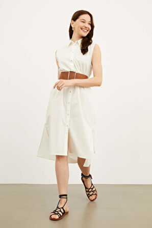 Kadın Polo Yaka Kolsuz Midi Önden Düğmeli Düzrenk Dokuma Gömlek Elbise