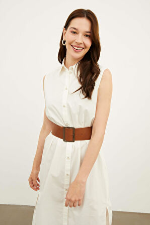 Kadın Polo Yaka Kolsuz Midi Önden Düğmeli Düzrenk Dokuma Gömlek Elbise